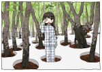  1girl arm_up bangs black_eyes black_hair blush highres leaf long_hair looking_at_viewer one_eye_closed open_mouth original outdoors plaid_pajamas plant_on_head solo tree zinbei 