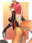  2022 amur anthro black_nose breasts canid canine clkaws clothed clothing digital_media_(artwork) eyebrows eyelashes female fox gradient_hair green_eyes hair hi_res mammal pink_hair smile solo standing 