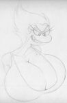  2022 amphibia_(series) amphibian anthro big_breasts breasts clothing collarbone disney eyelashes female general_yunan grin hair half-closed_eyes looking_down monochrome narrowed_eyes newt non-mammal_breasts salamander_(amphibian) sbshouseofpancakes sharp_teeth short_hair smile solo teeth topwear 