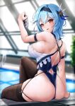  1girl arm_strap arm_support ass asymmetrical_hair back bare_arms bare_shoulders beer_can black_hairband blue_hair blurry blurry_background breasts brown_thighhighs can criss-cross_back-straps drink eula_(genshin_impact) from_behind genshin_impact hair_between_eyes hair_ornament hairband highres holding holding_can holding_drink indoors knee_up large_breasts looking_at_viewer looking_back median_furrow one-piece_swimsuit open_mouth poolside rei_no_pool short_hair sideboob sitting smile solo sparkle swimsuit thighhighs thighs two-tone_swimsuit wet xfate yellow_eyes 