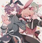  2boys alternate_color animal_ears animalization arm_up back_bow black_gloves black_pants blonde_hair blue_hair bow bowtie film_grain floral_background flower gloves hair_flower hair_ornament highres jacket kamishiro_rui kusanagi_nene male_focus matching_outfit multicolored_hair multiple_boys nodori710 ootori_emu orange_eyes pants pink_bow pink_bowtie project_sekai purple_hair rabbit rabbit_ears rabbit_tail red_jacket single_sleeve single_wrist_cuff streaked_hair tail tenma_tsukasa traditional_bowtie white_bow white_bowtie white_flower white_gloves wonderlands_x_showtime_(project_sekai) wrist_cuffs yellow_eyes 