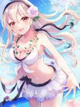  1girl :d bangs bare_shoulders bikini bracelet breasts cleavage corrin_(fire_emblem) corrin_(fire_emblem)_(female) fire_emblem fire_emblem_fates fire_emblem_heroes flower hair_between_eyes hair_flower hair_ornament highres jewelry lei long_hair looking_at_viewer navel norimaki_(nrmk_norinori) ocean official_alternate_costume open_mouth red_eyes smile solo swimsuit twitter_username white_hair 