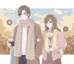  1boy 1girl artem_wing_(tears_of_themis) bangs blue_eyes blue_pants blue_sky brown_coat brown_hair brown_scarf brown_skirt brown_sweater closed_mouth cloud cloudy_sky coat coffee_cup cup disposable_cup green_eyes highres holding holding_cup jacket long_hair long_sleeves outdoors outstretched_arms pants pink_jacket rosa_(tears_of_themis) scarf skirt sky spoken_blush spoken_squiggle squiggle sweater tears_of_themis white_sweater yellow_scarf yingchuan981 