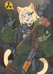  19vodnik 1girl ak-47 ammunition_pouch animal_ears assault_rifle blonde_hair cat_ears cat_girl cat_tail collar gas_mask glasses gloves gun hair_ornament hairclip handgun highres hood hoodie kalashnikov_rifle looking_at_viewer mask pouch radiation_symbol rifle sharp_teeth short_hair solo stalker_(game) tail teeth v walkie-talkie weapon 