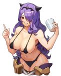  1girl absurdres breasts camilla_(fire_emblem) cleavage cup fire_emblem fire_emblem_fates fire_emblem_heroes hair_ornament hair_over_one_eye highres kuushiitake large_breasts long_hair navel purple_hair simple_background solo underwear very_long_hair white_background 