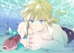  1boy air_bubble barefoot bishounen blonde_hair blue_eyes bubble dated feet_up fish floating_hair holding_breath immersed link looking_at_animal lying male_focus male_swimwear on_ground on_stomach own_hands_together signature submerged swim_trunks the_legend_of_zelda the_legend_of_zelda:_breath_of_the_wild topless_male twitter_username underwater water zmauuchan 