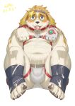  &lt;3 &lt;3_eyes absurd_res anthro begging begging_pose belly blonde_hair blush bodily_fluids bulge cai1448331577 canid canine canis clothing collar collar_tag cum cum_in_mouth cum_inside cum_on_belly cum_on_body cum_on_face domestic_dog genital_fluids hair harness hi_res hisaki_(live-a-hero) lifewonders live-a-hero male mammal navel overweight pose simple_background tongue tongue_out underwear video_games white_background 