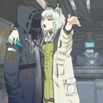  1boy 1girl animal_ears arknights bangs bigmsaxon bro_explaining_(meme) cat_ears cat_girl coat doctor_(arknights) helmet hood hoodie kal&#039;tsit_(arknights) long_bangs looking_at_another meme pointing pointing_at_viewer short_hair stethoscope watch white_hair 