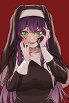 1girl absurdres bags_under_eyes biting bleeding blood blood_on_face breasts chroong commentary_request fangs finger_biting green_eyes habit highres korean_commentary large_breasts long_hair nun original purple_hair red_background sidelocks smile solo upper_body 