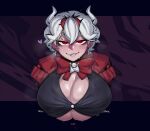  &lt;3 2022 beelzebub_(helltaker) big_breasts black_clothing bodily_fluids bow_tie breasts clothed clothing demon demon_humanoid ear_piercing english_text female hair helltaker hi_res horn humanoid krekk0v looking_at_viewer not_furry piercing red_clothing red_eyes short_hair smile solo sweat text white_hair 