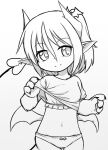  2017 4_fingers accessory anthro biped breasts claws clothed clothing clothing_lift devil-vox digital_drawing_(artwork) digital_media_(artwork) female finger_claws fingers frilly_bra hair hair_accessory head_tilt horn humanoid_pointy_ears kemono looking_at_viewer midriff monochrome navel panties pantsless partially_clothed presenting raised_tail shirt shirt_lift signature simple_background small_breasts smile solo spade_tail standing succubus topwear topwear_lift training_bra underwear white_background wings 