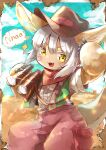  :3 alternate_costume animal_ears aqua_sky bandana binoculars blush brown_fur brown_headwear cloud commentary cowboy_hat cowboy_western desert fang feet_out_of_frame furry glint green_vest grey_hair hair_between_eyes hat hat_ribbon highres holding holding_binoculars lens_flare looking_at_viewer made_in_abyss mumu_yu_mu nanachi_(made_in_abyss) open_clothes open_mouth open_vest outdoors pants puffy_pants red_bandana red_pants ribbon shirt shirt_tucked_in short_hair short_sleeves smile sparkle speech_bubble symbol-only_commentary tail v-shaped_eyebrows vest white_shirt yellow_eyes 