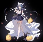  &gt;_&lt; 1girl animal_ears apron azur_lane black_apron black_background black_footwear black_hair blue_hair bow breasts cat_ears cheshire_(azur_lane) cleavage closed_mouth collar crescent crescent_hair_ornament dress falling_petals fang frilled_apron frilled_dress frilled_hairband frills full_body garter_straps hair_bow hair_ornament hairband heart high_heels highres large_breasts looking_at_viewer maid_apron maid_headdress manjuu_(azur_lane) multicolored_hair nail_polish petals short_hair short_sleeves smile solo standing streaked_hair thighhighs two-tone_hair white_collar white_dress white_hairband white_thighhighs wrist_cuffs yu_e_baba zzz 