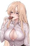  1girl absurdres blonde_hair breasts brown_eyes bursting_breasts candy chocolate chroong cleavage eyebrows_hidden_by_hair food heart heart-shaped_chocolate highres large_breasts long_hair mole mole_on_breast no_bra original smile solo upper_body 