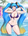  2girls :q alternate_costume arms_up artist_name bangs bikini blue_bikini blue_hair blush blushyspicy breasts cleavage collarbone green_hair hair_lift highres holding holding_hair large_breasts league_of_legends long_hair multicolored_hair multiple_girls navel navel_piercing orange_hair piercing pink_hair pool pool_party_(league_of_legends) sandals seraphine_(league_of_legends) shiny shiny_hair shiny_skin smile sona_(league_of_legends) swimsuit tongue tongue_out twintails very_long_hair wading wavy_hair 