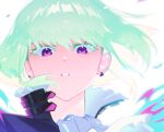  1boy blue_fire close-up commission earrings eyelashes film_grain fire flame green_hair hair_between_eyes jewelry light_green_hair lio_fotia looking_at_viewer male_focus on_(onon2659) parted_lips promare purple_eyes purple_fire solo triangle_earrings upper_body 