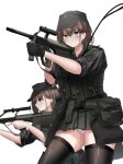  2girls absurdres assault_rifle austria bangs black_gloves black_headwear black_shirt black_skirt black_thighhighs blush brown_hair bullpup closed_mouth commentary_request gloves grey_eyes gun hair_between_eyes highres holding holding_gun holding_weapon multiple_girls original panties pleated_skirt rifle rynn_(rynn_cube) shirt short_sleeves simple_background skirt steyr_aug thighhighs trigger_discipline underwear weapon white_background white_panties 