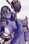  2girls bangs black_hair blush bob_cut bodysuit breasts dated fate/grand_order fate_(series) girl_on_top horns impossible_bodysuit impossible_clothes japanese_clothes kimono large_breasts long_hair makeup mascara medium_hair minamoto_no_raikou_(fate) multiple_girls off_shoulder oni_horns parted_bangs purple_eyes purple_kimono rope short_kimono shuten_douji_(fate) signature smile titiduki_(manman-ya) twitter_username wide_sleeves yuri 