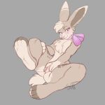  anthro blush blush_lines brown_body brown_fur crazybear eyebrows eyelashes feet female foot_focus fur genitals hi_res holding_leg lagomorph leporid mammal miriam_(bazbadger) paws pink_eyes pink_nose pink_ribbon pussy rabbit raised_leg scut_tail short_tail solo teeth 