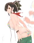  1girl ass asuka_(senran_kagura) bikini bikini_under_clothes black_hair blush breasts brown_eyes brown_hair clothes_pull hair_ribbon halterneck large_breasts long_hair looking_at_viewer no_shirt pants pants_pull ponytail red_scarf ribbon scarf senran_kagura side-tie_bikini solo string_bikini striped striped_bikini swimsuit untied untied_bikini wardrobe_malfunction white_background yaegashi_nan 