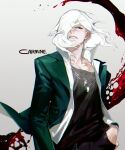  1boy blood carmine chain character_name chromatic_aberration clenched_teeth collarbone cross dog_tags film_grain glint gradient gradient_background green_eyes grey_background hair_over_one_eye hand_in_pocket hemokinesis highres jewelry long_hair looking_at_viewer male_focus necklace on_(onon2659) sharp_teeth solo teeth under_night_in-birth white_hair 