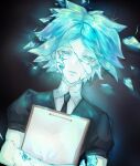  1other androgynous aqua_eyes aqua_hair b.s_(fwpt2745) black_jacket cracked_skin gem_uniform_(houseki_no_kuni) glowing highres holding houseki_no_kuni jacket looking_at_viewer lying necktie on_back other_focus phosphophyllite puffy_short_sleeves puffy_sleeves shirt short_hair short_sleeves solo upper_body white_shirt 