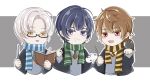  3boys :d bangs bird black_robe blue_necktie blue_scarf book brown_eyes brown_hair crossover glasses green_necktie green_scarf grey_vest grin harry_potter_(series) highres holding holding_book holding_brush holding_wand hufflepuff looking_at_viewer luke_pearce_(tears_of_themis) marius_von_hagen_(tears_of_themis) multiple_boys necktie palette_(object) purple_eyes purple_hair ravenclaw robe scarf short_hair slytherin smile tears_of_themis teeth upper_body vest vyn_richter_(tears_of_themis) wand white_hair yellow_eyes yellow_necktie yellow_scarf yingchuan981 