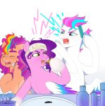  arguing aztrial bags_under_eyes bathroom blue_eyes brush comb earth_pony equid equine eyemask female green_eyes hasbro hi_res hooves horse lipstick makeup mammal mlp_g5 my_little_pony pegasus pipp_petals_(mlp) pony simple_background sink sunny_starscout_(mlp) toothbrush white_background wings zipp_storm_(mlp) 