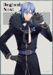  1boy absurdres bishounen black_gloves blue_eyes blue_hair doran_(doran7280) fur-trimmed_jacket fur_trim gloves hand_on_hip highres idolish_7 jacket lace lace_gloves long_sleeves looking_at_viewer male_focus short_hair white_hair yotsuba_tamaki 