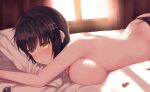  1girl ass bangs bed bed_sheet black_hair black_panties blush breast_press breasts brown_hair butt_crack closed_mouth commentary_request curtains hair_ornament highres indoors kure_kirika large_breasts looking_at_viewer lying magia_record:_mahou_shoujo_madoka_magica_gaiden mahou_shoujo_madoka_magica mahou_shoujo_oriko_magica on_bed on_stomach panties pillow sidelocks solo suzugahama topless underwear window 