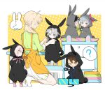  1girl 5boys ? animal_hood black_hair brown_eyes brown_hair bunny_hair_ornament full_body hair_ornament hood idolish_7 kneeling kujou_tenn kumomero long_hair looking_at_another looking_at_viewer male_child momo_(idolish_7) multicolored_hair multiple_boys outside_border re:vale short_hair takanashi_tsumugi trigger_(idolish_7) tsunashi_ryuunosuke white_hair yaotome_gaku younger yuki_(idolish_7) 