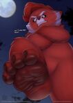  4_toes ailurid anthro beauty_mark cheek_tuft claws clenched_teeth crossed_arms digital_media_(artwork) disney facial_tuft feet female frown fur hair hi_res looking_at_viewer looking_down mammal mature_female ming_lee_(turning_red) moon night nude open_mouth outside pawpads pixar red_body red_eyes red_fur red_panda rysonanthrodog sky solo star teeth text toe_claws toes tuft turning_red 