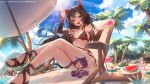  :d animal_ears bangs bare_legs beach bikini black_bikini black_gloves black_hair breasts cat_ears character_doll cleavage commission crossed_legs cup drinking_straw elbow_gloves fang floating_hair gloves hair_between_eyes hammock highres holding holding_cup k3nzoteruta long_hair medium_breasts multiple_girls nail_polish open_mouth original print_bikini red_eyes red_nails smile solo_focus summer swimsuit thigh_strap toenail_polish toenails twitter_username untied untied_bikini very_long_hair volleyball watermelon_slice 