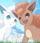  :d alolan_vulpix cloud commentary_request day flower from_below grass looking_down no_humans open_mouth outdoors pink_flower pokemon pokemon_(creature) rumine_(yoshi1234567) sky smile tongue vulpix white_flower 