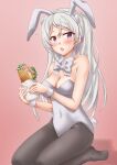  1girl animal_ears anti_(untea9) black_pantyhose blush breasts brown_eyes cleavage conte_di_cavour_(kancolle) detached_collar fake_animal_ears fake_tail food grey_hair highres holding holding_food kantai_collection large_breasts leotard long_hair open_mouth pantyhose playboy_bunny rabbit_ears rabbit_tail sandwich solo strapless strapless_leotard tail white_leotard wrist_cuffs 