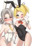  1girl absurdres animal_ears asymmetrical_hair bangs bare_legs black_leotard blonde_hair blush bow bowtie breasts bunny_day commentary_request detached_collar flipped_hair gloves green_eyes grey_eyes grey_hair highres index_finger_raised kantai_collection leotard looking_at_viewer maikaze_(kancolle) necktie nose_blush nowaki_(kancolle) one_eye_closed parted_bangs playboy_bunny ponytail rabbit_ears rabbit_tail red_bow red_bowtie sakura_ab scrunchie short_hair simple_background small_breasts solo strapless strapless_leotard swept_bangs tail white_background white_gloves white_leotard yellow_necktie 