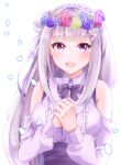  1girl :d absurdres bangs blue_flower blunt_bangs bow bowtie braid chii_(sbshop) crown_braid detached_sleeves dress_shirt emilia_(re:zero) flower hair_flower hair_ornament hair_ribbon hairclip head_wreath highres long_sleeves looking_at_viewer open_mouth purple_bow purple_bowtie purple_flower purple_ribbon re:zero_kara_hajimeru_isekai_seikatsu red_eyes red_flower ribbon shirt sleeveless sleeveless_shirt smile solo upper_body white_flower white_shirt white_sleeves 