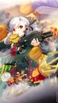  1girl black_gloves black_ribbon burger cup disposable_cup earpiece fast_food finger_on_trigger fingerless_gloves firing food food_in_mouth french_fries girls&#039;_frontline gloves grey_hair gun hair_ribbon highres holding holding_gun holding_weapon long_hair mineta_naoki red_eyes ribbon shotgun soda solo spas-12 spas-12_(girls&#039;_frontline) twintails weapon 