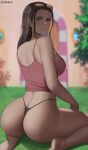  1girl ass back black_hair blue_eyes breasts curvy door eyewear_on_head grass highres large_breasts looking_at_viewer looking_back nico_robin one_piece oroborus pink_tank_top pirate_ship sideboob solo sunglasses tank_top thong tree 