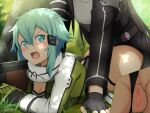  1boy 1girl annoyed anus armor ass belt black_belt black_gloves black_jacket black_panties black_shorts blush boy_on_top breastplate breasts brown_hair cleavage clothes_pull gloves grass green_eyes green_hair green_jacket grey_scarf hair_ornament hairclip highres imminent_penetration jacket kirito_(sao-ggo) large_breasts long_hair long_sleeves lying mysteryctu on_stomach open_mouth outdoors panties prone_bone pussy pussy_juice scarf shiny shiny_hair shorts shorts_pull sidelocks sinon sweat sword_art_online tree underwear weapon white_jacket 