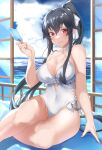  1girl black_hair breasts casual_one-piece_swimsuit cleavage cosplay food frilled_swimsuit frills headband highres kantai_collection large_breasts long_hair looking_at_viewer one-piece_swimsuit ponytail popsicle red_eyes sagiri_(kancolle) sagiri_(kancolle)_(cosplay) side-tie_swimsuit sidelocks solo swimsuit white_swimsuit window yahagi_(kancolle) z_(knkr1025) 