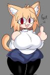  animal_humanoid big_breasts blonde_hair bottomwear breasts cat_humanoid clothing dialogue english_text felid felid_humanoid feline feline_humanoid female gesture hair hi_res huge_breasts humanoid insult insulting_viewer leggings legwear lewd_dorky looking_at_viewer mammal mammal_humanoid middle_finger neco-arc open_mouth profanity red_eyes shirt skirt solo talking_to_viewer text thick_thighs topwear white_body white_skin 