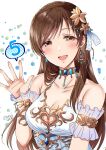  1girl arm_garter blush breasts brown_hair cleavage collarbone gem gen_(enji) highres idolmaster idolmaster_cinderella_girls jewelry long_hair looking_at_viewer medium_breasts nitta_minami simple_background smile solo speech_bubble straight_hair twitter_username upper_body very_long_hair waving 