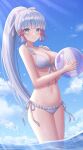  1girl ball bangs bare_arms beachball bikini blue_eyes blue_sky blunt_bangs blunt_tresses breasts cleavage cloud cowboy_shot day flower_knot frilled_bikini frills genshin_impact hair_ribbon highres holding holding_ball holding_beachball kamisato_ayaka legs_together long_hair looking_at_viewer medium_breasts navel outdoors partially_underwater_shot ponytail red_ribbon ribbon seungju_lee side-tie_bikini sky smile solo standing stomach sunlight swimsuit thighs tress_ribbon very_long_hair wading water white_bikini white_hair 