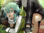  1boy 1girl anus armor ass belt black_belt black_gloves black_jacket black_panties black_shorts blush boy_on_top breastplate breasts brown_hair cleavage clothes_pull gloves grass green_eyes green_hair green_jacket grey_scarf hair_ornament hairclip hetero highres jacket kirito_(sao-ggo) large_breasts long_hair long_sleeves lying mysteryctu on_stomach open_mouth outdoors panties prone_bone pussy scarf sex sex_from_behind shiny shiny_hair shorts shorts_pull sidelocks sinon sweat sword_art_online teeth tree underwear vaginal weapon white_jacket 