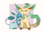  border bright_pupils brown_eyes closed_mouth commentary_request covering_mouth glaceon hand_over_own_mouth leafeon no_humans open_mouth outline pokemon pokemon_(creature) purple_background s_(happycolor_329) smile white_border white_pupils 