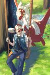  1boy ash_ketchum black_hair commentary_request day grass hands_up hat highres jacket latias male_focus outdoors pants pokemon pokemon_(anime) pokemon_(classic_anime) pokemon_(creature) pokemon_heroes:_latios_&amp;_latias red_headwear rope shirt shoes short_hair short_sleeves sitting sneakers swing tree uguisu_(sugardollhomelif) watermark 