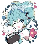  1girl 1other :3 animal_hug bangs blonde_hair blue_eyes blue_hair blue_necktie bow cheek_poking cinnamiku cinnamoroll colored_skin commentary_request cosplay detached_sleeves double_bun flower_(symbol) frilled_shirt frills gradient_hair hair_between_eyes hair_bow hair_bun hatsune_miku hatsune_miku_(cosplay) heart hug looking_at_viewer multicolored_hair murasaki_daidai_etsuo necktie negative_space one_eye_closed open_mouth poking polka_dot polka_dot_bow sanrio shirt sidelocks signature simple_background smile tie_clip updo vocaloid white_background white_skin 