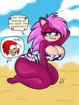  anthro awooga beach big_breasts bite biting_lip bomba_world12 breasts clothing eulipotyphlan female hair hand_behind_own_head hedgehog hi_res kneeling knuckles_the_echidna magenta_body mammal pink_hair red_body seaside sega solo sonia_the_hedgehog sonic_the_hedgehog_(series) sonic_underground swimwear thick_thighs 