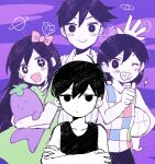  &gt;_o +_+ 1girl 3boys aqua_shirt aubrey_(omori) bangs basket black_eyes black_hair black_tank_top bow expressionless hair_bow hero_(omori) holding holding_basket holding_stuffed_toy kel_(omori) long_hair looking_at_viewer multiple_boys omori omori_(omori) one_eye_closed open_mouth pajamas pink_bow purple_background purple_eyes purple_hair purple_sky shirt short_hair short_sleeves smile star_(symbol) stuffed_toy tank_top xox_xxxxxx 